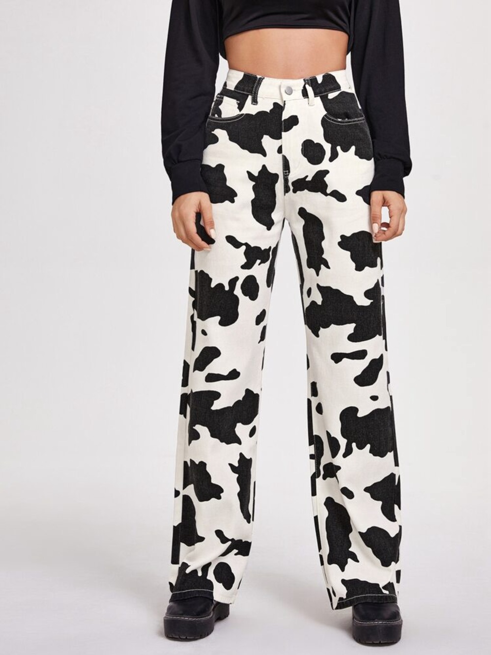 High Rise Cow Print Wide Leg Pants Denim Jeans Black & White Y2K 2000s Club Kid
